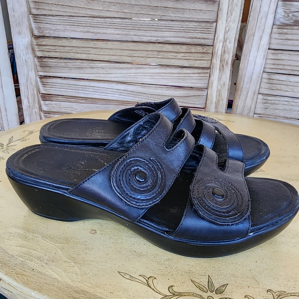 Dansko Sz 36 US 7.5 8 Black Leather Slide Wedge Sandals Comfort Casual Boho